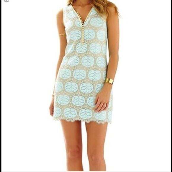 Lilly Pulitzer Easter Nadine Crochet Gold Lace Shift Dress Whisper Blue Size 00 - Picture 1 of 6